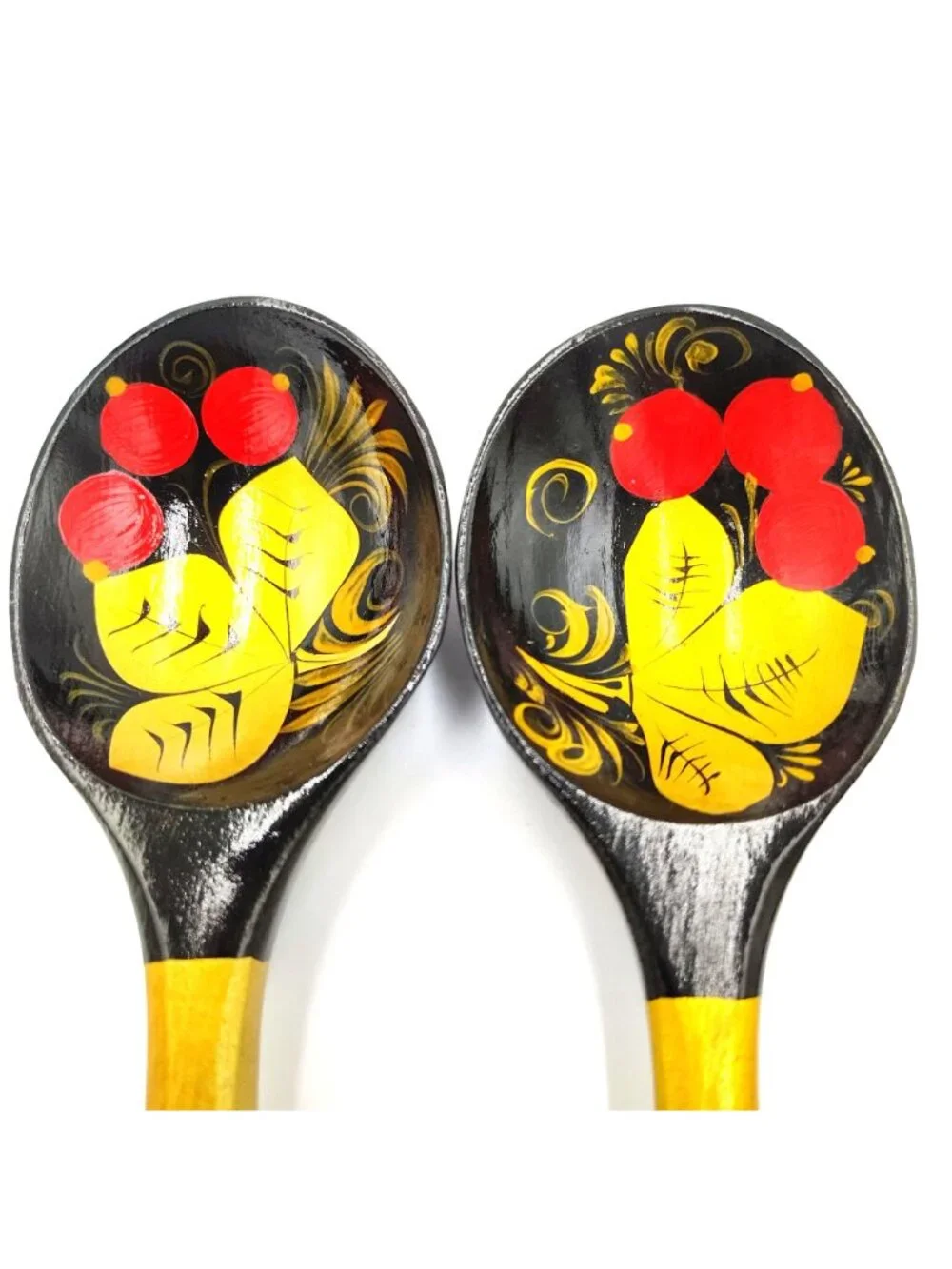 Hand Painted Wooden Serving Spoon Set Khokhloma Style Red Berries Folk Art Pair
